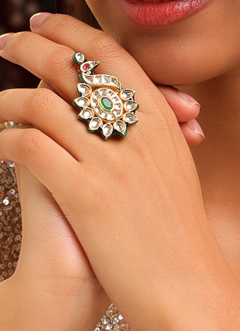 Graceful Green Brass Kundan Ring Wedding Wear