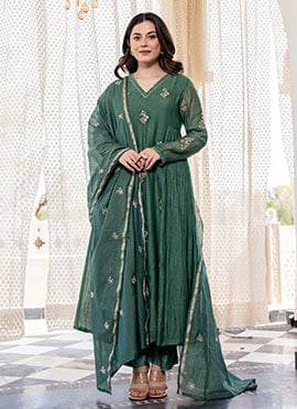 Graceful Green Chanderi Silk Embroidered Anarkali Suit