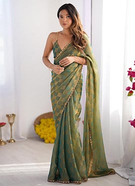 Graceful Green Chiffon Gold Check Zarkha Work Saree