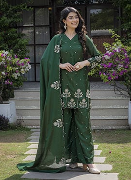Graceful Green Chinon Embroidered Palazzo Suit