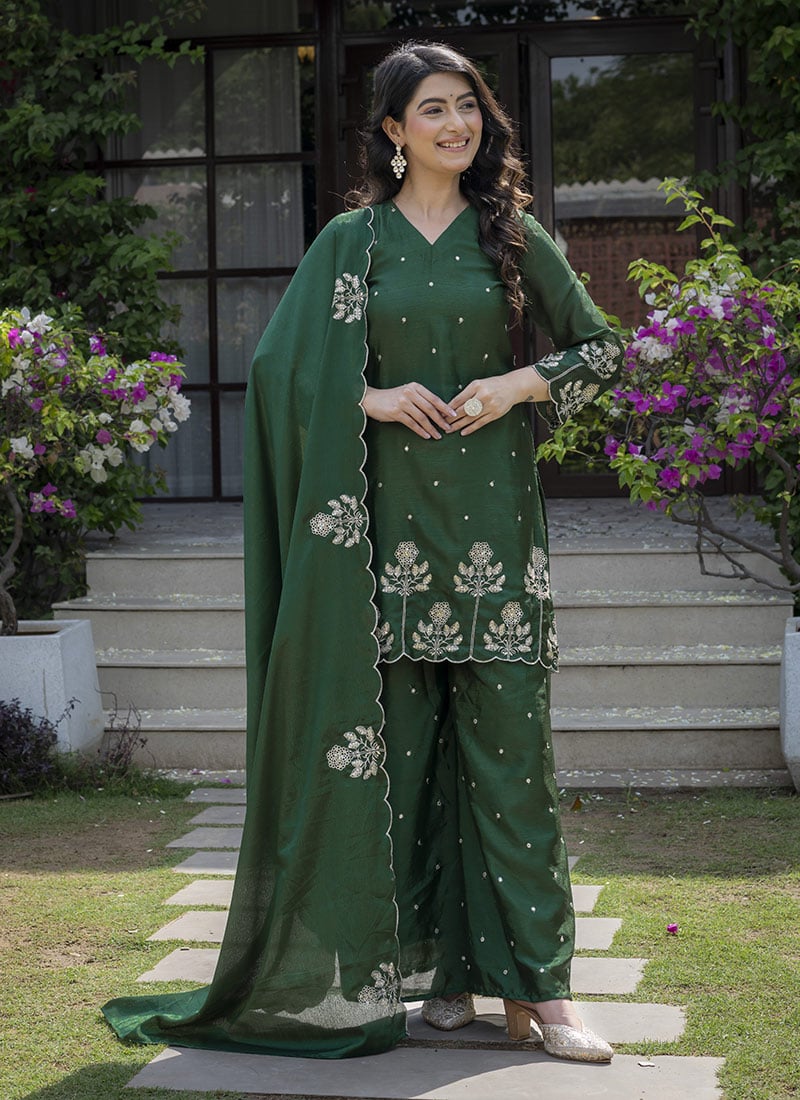 Graceful Green Chinon Embroidered Palazzo Suit Festive Wear