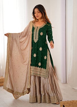 Graceful Green Chinon Silk Embroidered Sequins Moti Sharara Suit