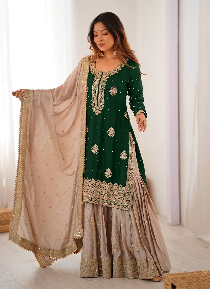 Graceful Green Chinon Silk Embroidered Sequins Moti Sharara Suit Festive Wear