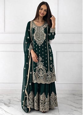Graceful Green Chinon Silk Embroidered Sequins Moti Sharara Suit