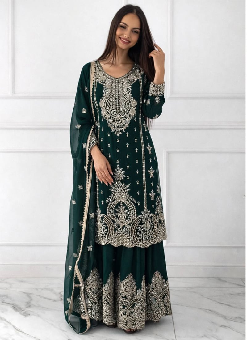 Graceful Green Chinon Silk Embroidered Sequins Moti Sharara Suit Festive Wear