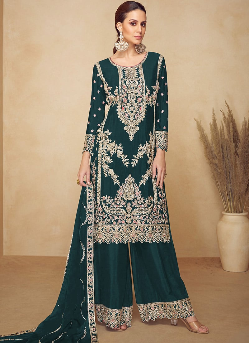 Graceful Green Chinon Zari Embroidered Sequins Palazzo Suit Festive Wear