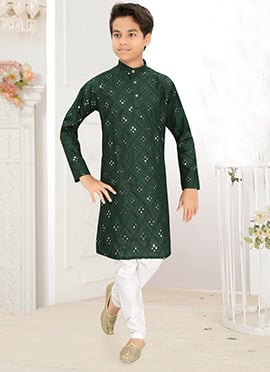 Graceful Green Cotton Blend Embroidered Foil Mirror Kids Boys Kurta Pyjama