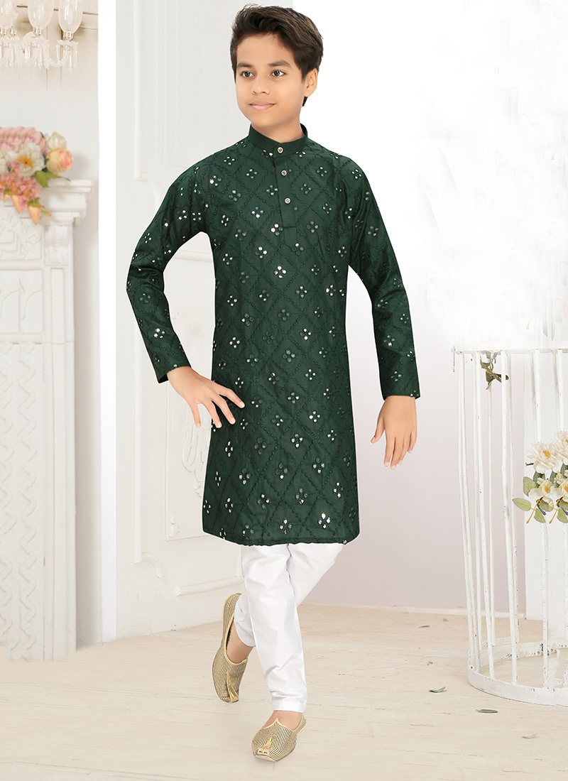 Graceful Green Cotton Blend Embroidered Foil Mirror Kids Boys Kurta Pyjama Festive Wear