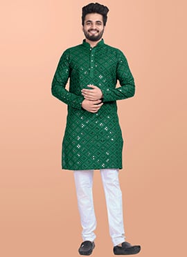 Graceful Green Cotton Blend Foil Mirror Embroidered Kurta Pyjama
