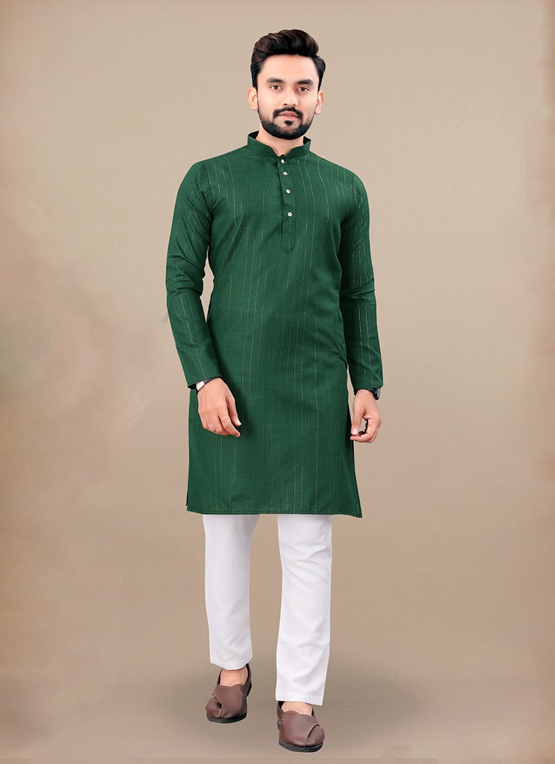 Graceful Green Cotton Blend Zari Kurta Pyjama Festive Wear