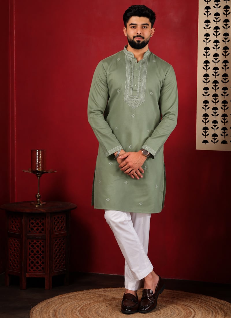 Graceful Green Cotton Embroidered Kurta Pyjama Festive Wear