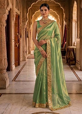 Graceful Green Fendy Silk Ready Lace Work Saree