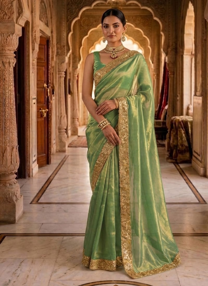 Graceful Green Fendy Silk Ready Lace Work Saree Wedding Wear