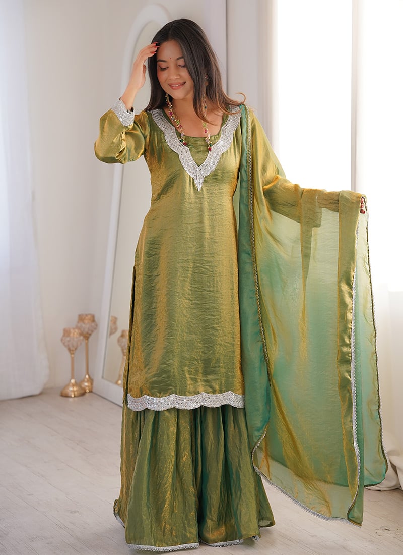 Graceful Green Fendy Silk Ready Made Lace On Neckline Sharara Suit After Six Wear