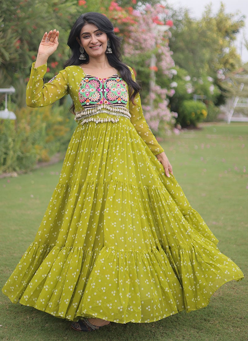 Graceful Green Georgette Printed Gamthi Work Navratri Gown Festive Wear