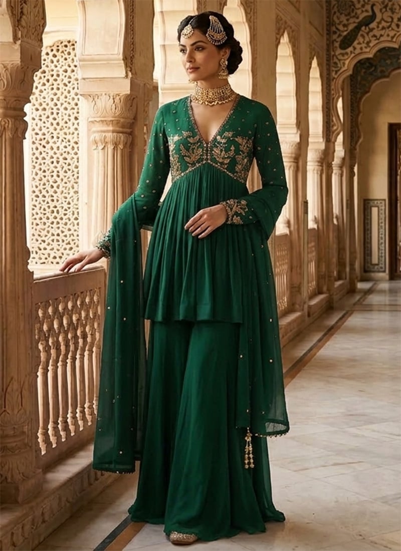 Graceful Green Georgette Zari Sequins Palazzo Suit Festive Wear