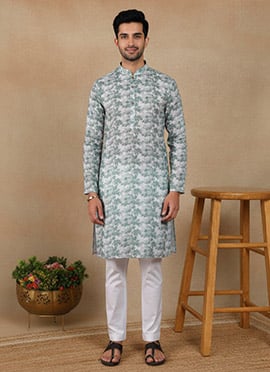Graceful Green Linen Printed Kurta Pyjama