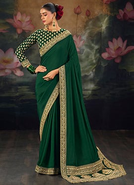 Graceful Green Muga Silk Zari Sequins Resham Embroidered Saree