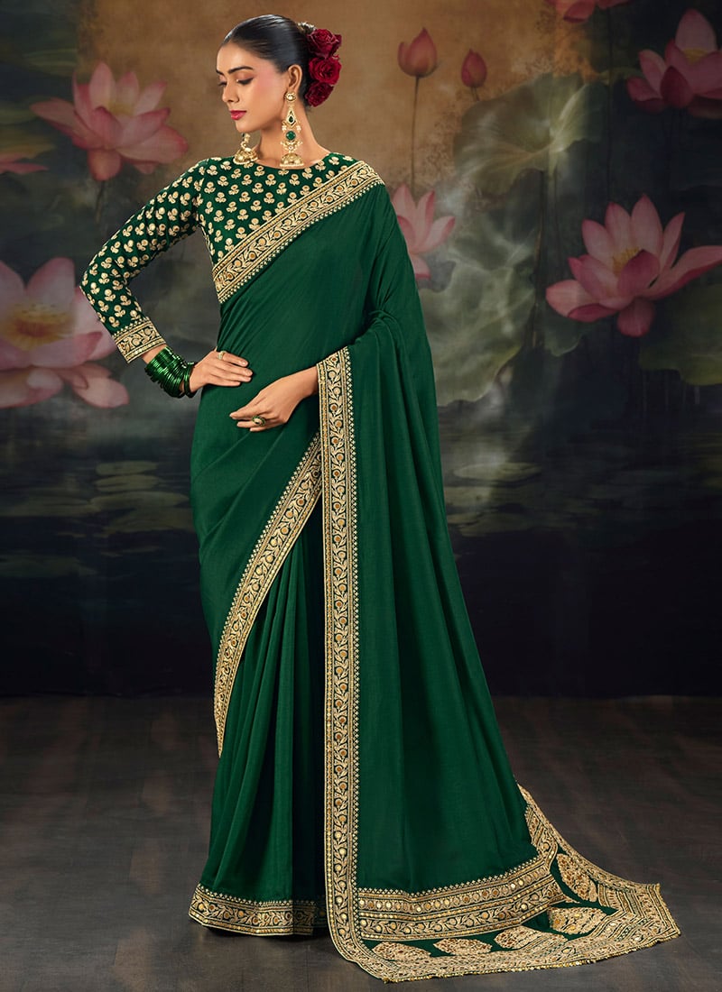 Graceful Green Muga Silk Zari Sequins Resham Embroidered Saree Wedding Wear