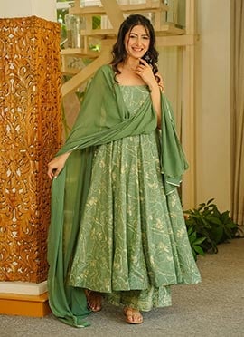 Graceful Green Muslin Heavy Digital Printed Anarkali Suit