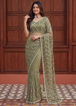 Graceful Green Net Sequins Saree