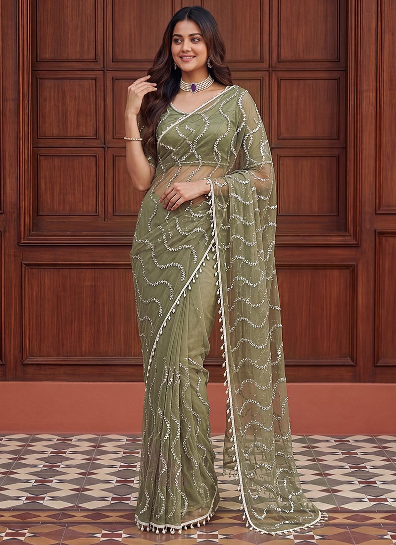 Graceful Green Net Sequins Saree After Six Wear