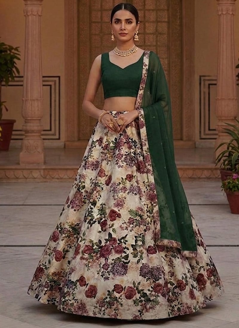 Graceful Green Printed Taffeta Umbrella Lehenga Festive Wear