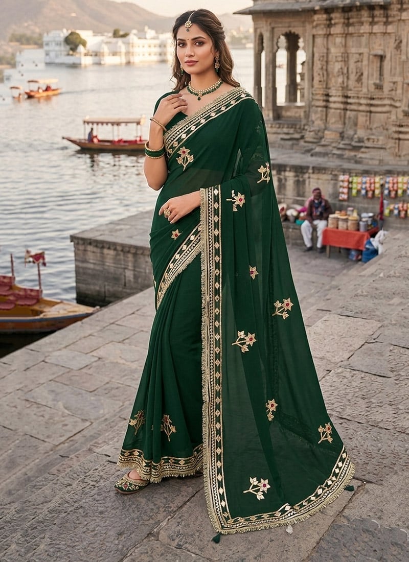 Graceful Green Royal Georgette Embroidered Gota Saree Festive Wear