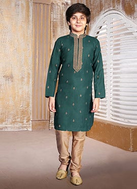 Graceful Green Silk Embroidered Kids Boys Kurta Pyjama
