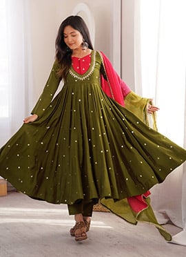 Graceful Green Silk Embroidered Sequins Anarkali Suit