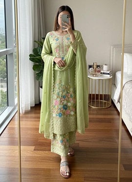Graceful Green Silk Embroidered Sequins Stones Thread Palazzo Suit