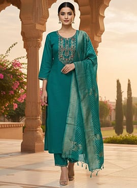 Graceful Green Silk Embroidered Straight Pant Suit