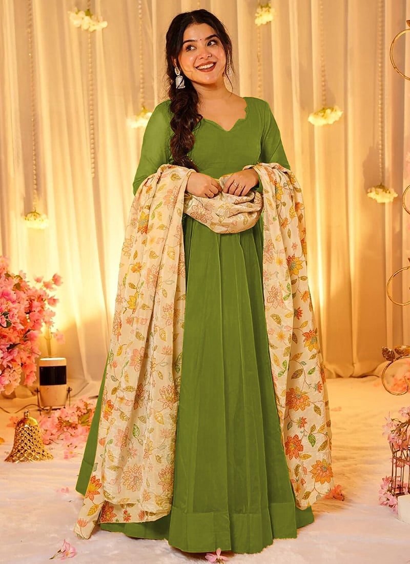 Graceful Green Silk Floral Digital Print Lace Anarkali Suit After Six Wear