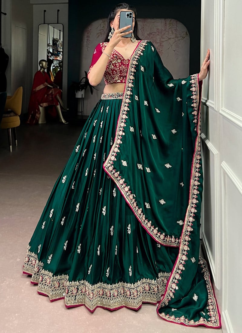Graceful Green Silk Satin Sequins Embroidered Umbrella Lehenga Wedding Wear