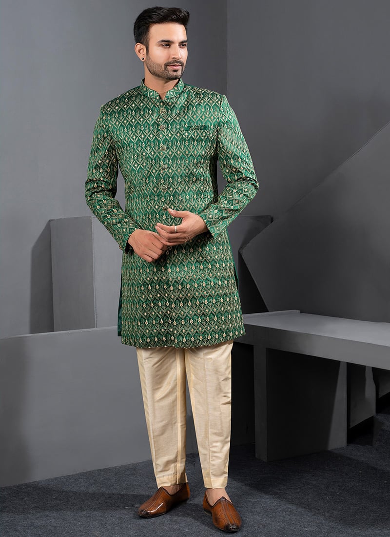 Graceful Green Silk Zari Embroidered Indowestern Sherwani Wedding Wear