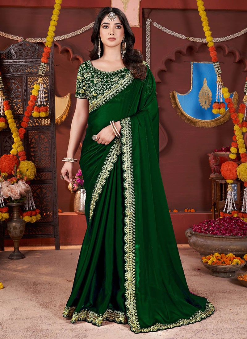 Graceful Green Silk Zari Embroidered Saree Festive Wear
