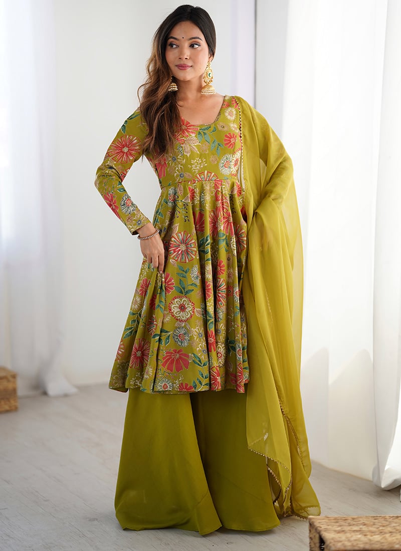 Graceful Green Soft Roman Silk Chanderi Printed Palazzo Suit After Six Wear