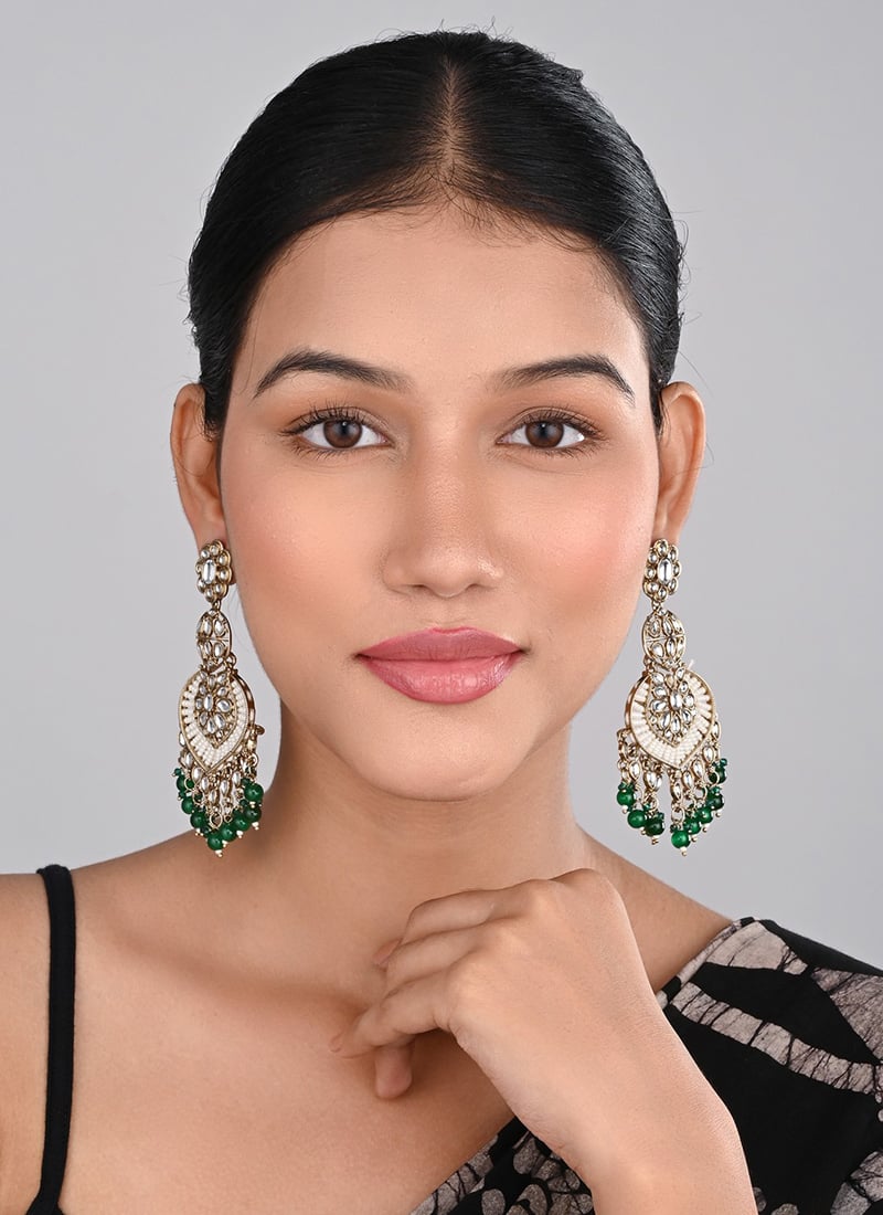 Graceful Green Stone Pearl Chaand Bali Festive Wear