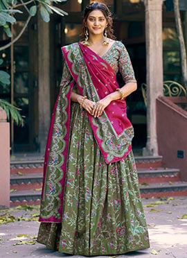Graceful Green Tussar Silk Foil Print Umbrella Lehenga