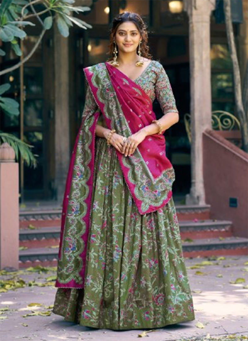 Graceful Green Tussar Silk Gilded Motif Foil Printed Umbrella Lehenga Festive Wear