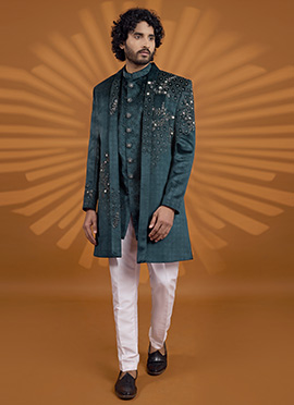 Graceful Green Velvet Embroidered Classic Sherwani