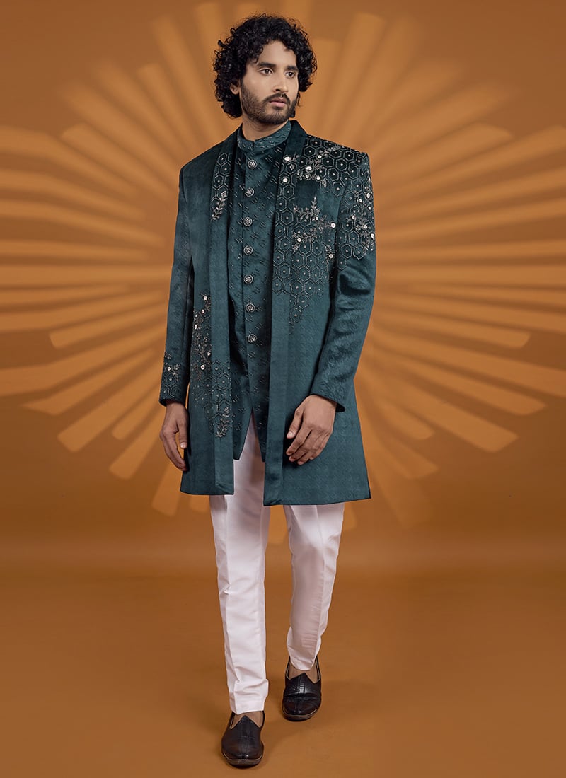 Graceful Green Velvet Embroidered Classic Sherwani Wedding Wear