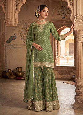Graceful Green Viscose Embroidered Sharara Suit