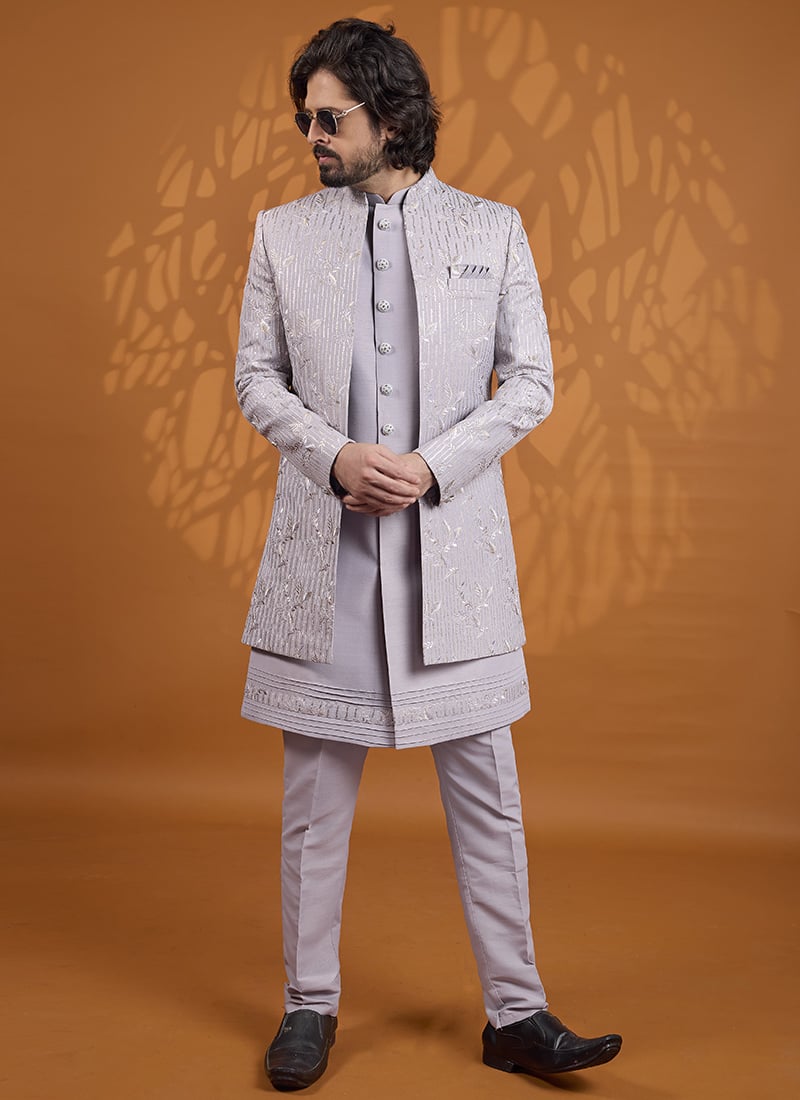 Graceful Grey Art Silk Indowestern Sherwani Wedding Wear