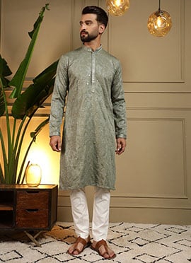 Graceful Grey Cotton Silk Embroidered Sequins Kurta Pyjama