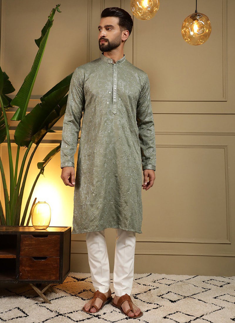 Graceful Grey Cotton Silk Embroidered Sequins Kurta Pyjama Festive Wear