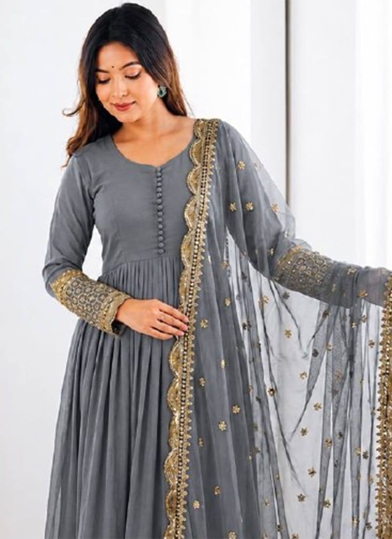 Graceful Grey Georgette Sequins Embroidered Anarkali Suit After Six Wear