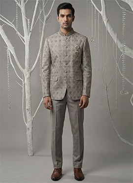 Graceful Grey Silk Sequins Embroidered Thread Bandhgala Suit