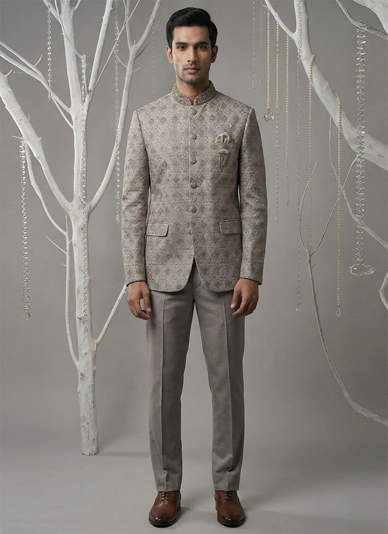 Graceful Grey Silk Sequins Embroidered Thread Bandhgala Suit Wedding Wear