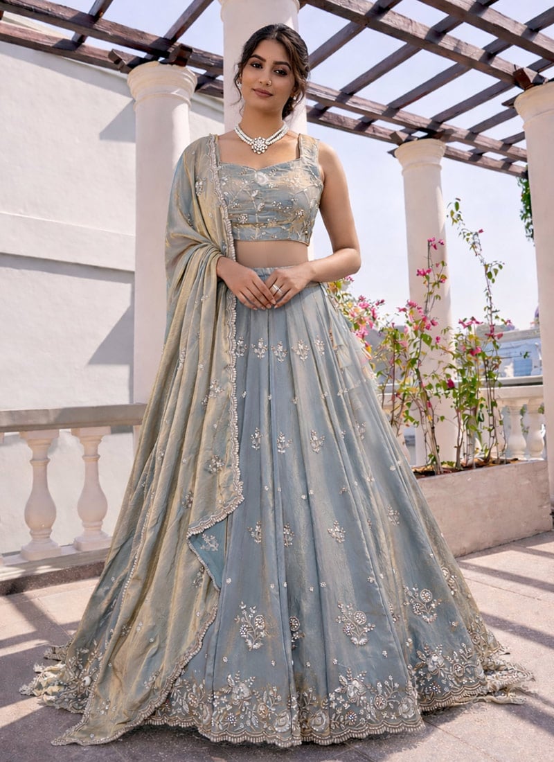 Graceful Grey Silk Sequins Embroidered Thread Umbrella Lehenga Wedding Wear